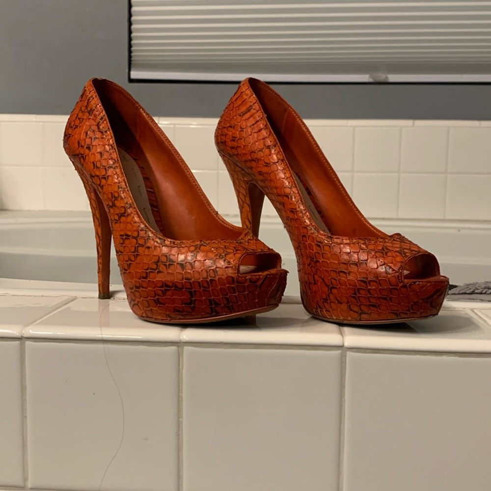 Prada Miu Miu Orange Python Leather Peep Toe Plat… - image 1